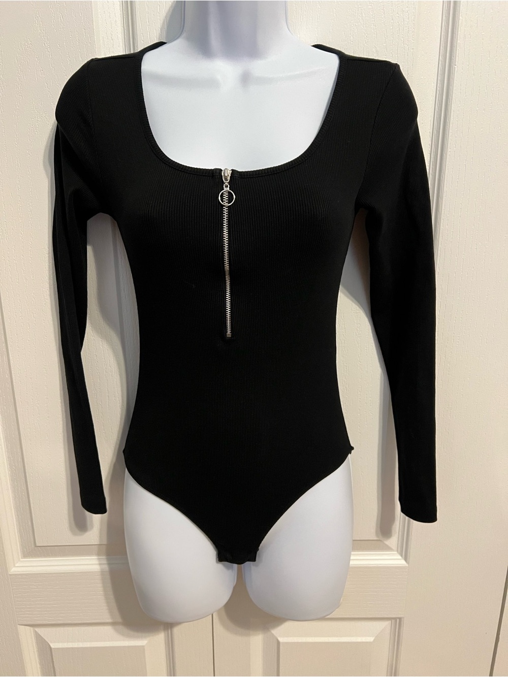 Topshop Black Ribbed Long-Sleeve Bodysuit with Silver Zip